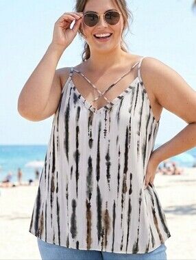 Addition - Elle Crisscross V-Neck Tank Top - Black & White Sz 3x